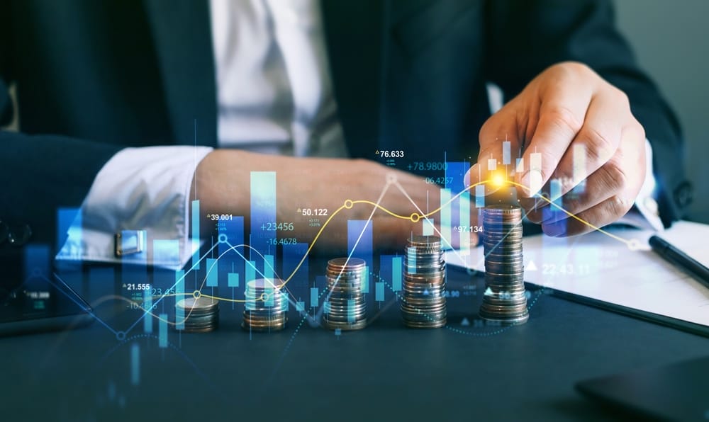 Financial investment and success market stock technology currency report.Money business financial graph diagram of coin. Financial growth data or investment market profit bar